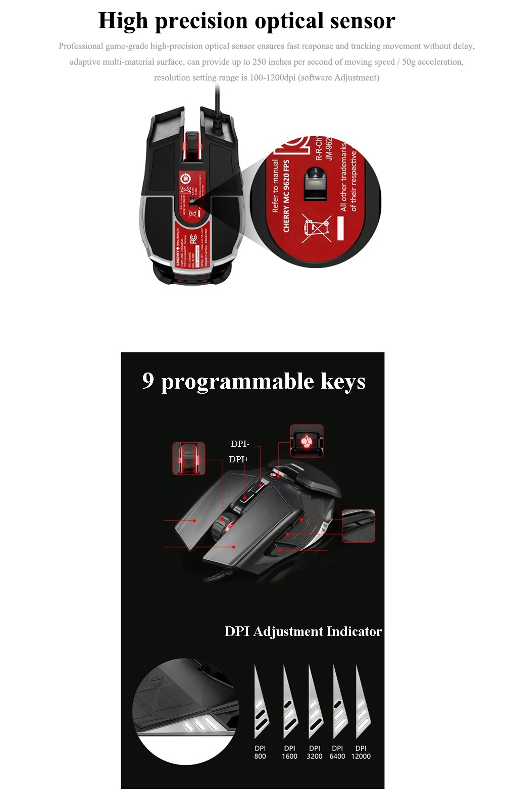 Оригинальная проводная мышь CHERRY CM9620 Esport, игровая оптическая мышь 16,7 миллионов RGB, регулируемая 12000 точек/дюйм, 9 программируемых кнопок