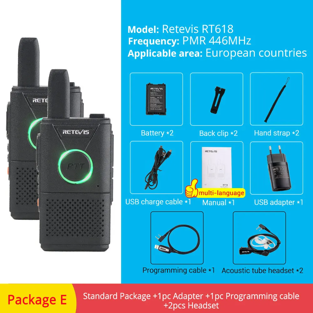 PMR RT618-Package E RETEVIS RT618/RT18 PMR радио перезаряжаемая мини рация 2 шт. PMR446 PMR 446 FRS Dual PTT VOX двухсторонняя рация - Цвет: PMR RT618-Package E