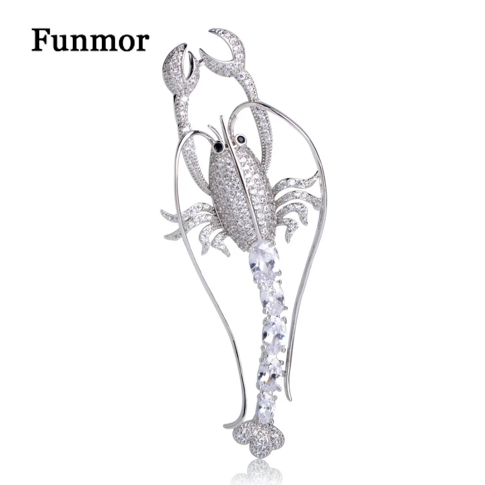 Funmor Роскошные фианиты броши &quotЛобстер&quot булавки серебряный цвет унисекс Медь