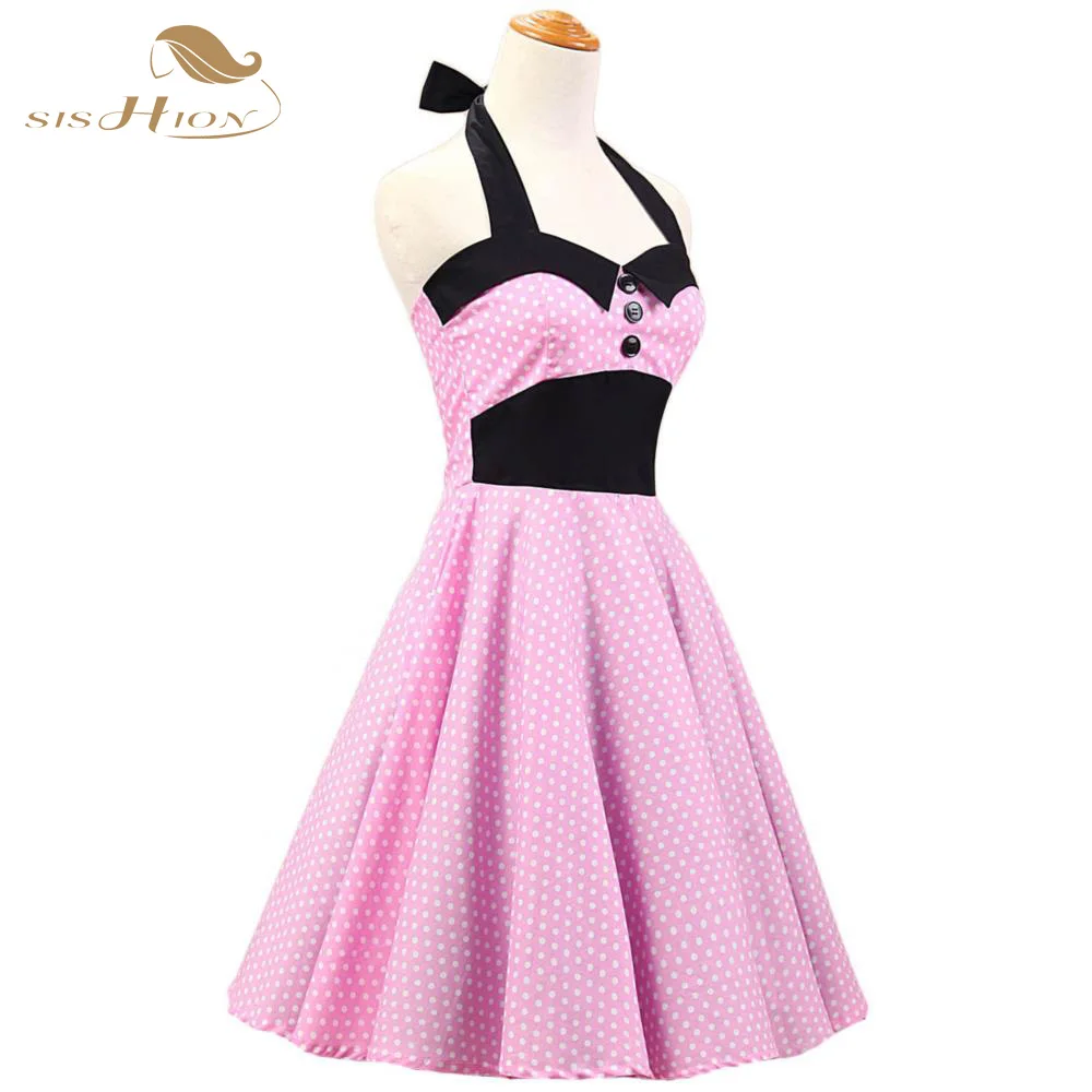 Женское платье с лямкой на шее SISHION розовое летнее короткое винтажное в горошек