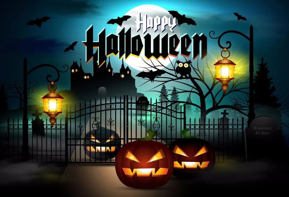 

VinylBDS Dark Blue Background Happy Halloween Photography Background Iron Gate Pumpkin Children Custom Backdrops for Parties