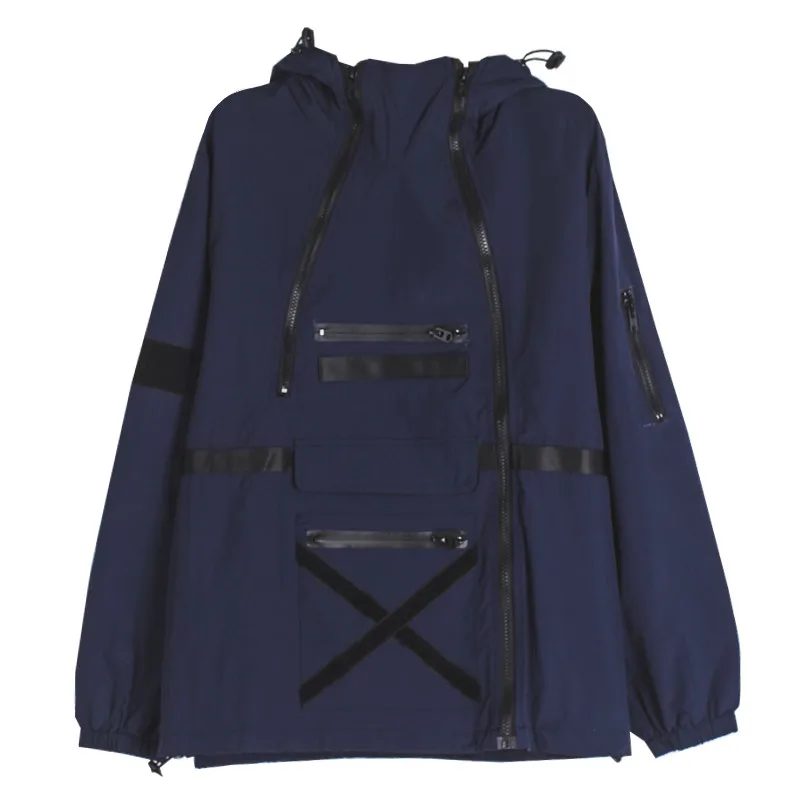 Patchwork zipper placketing ribbon pocket with a hood loose bf trench outerwear street | Женская одежда