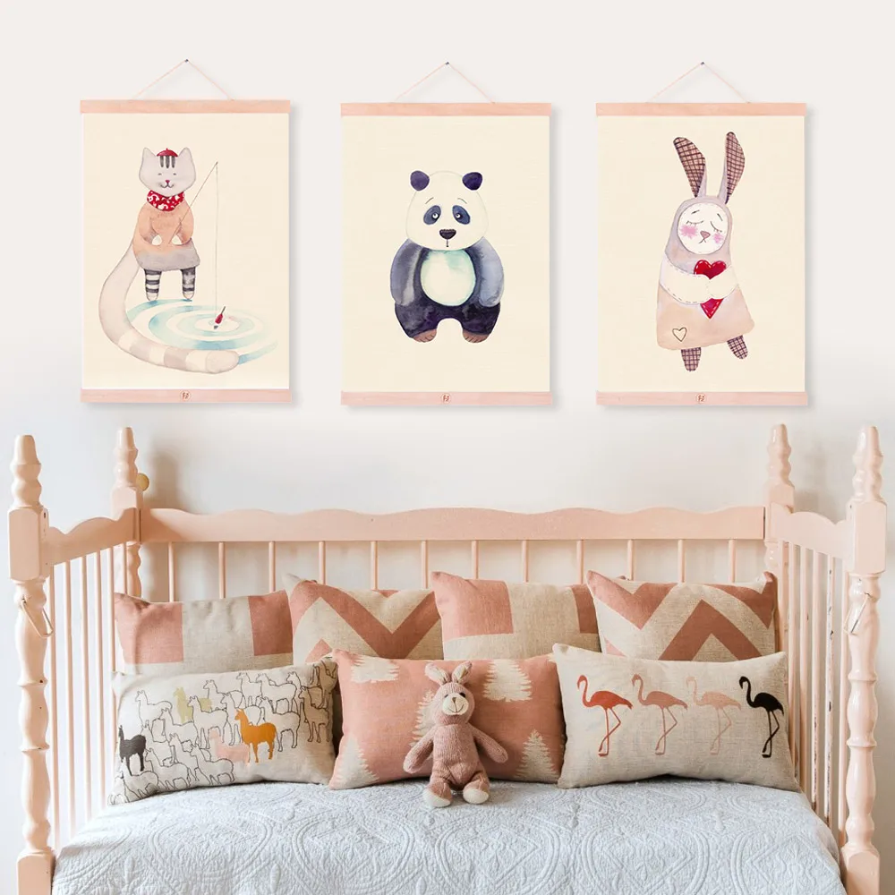 Акварельные винтажные постеры с пандой и кроликом Раскрашивание на деревянной