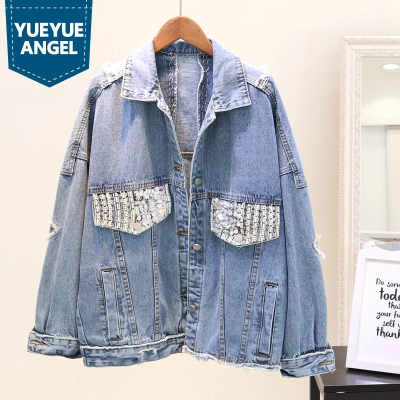 

Autumn Hole Sequins Irregular Denim Cropped Coat Women Casual Loose Preppy Jean Jacket High Quality Boyfriend Blue Jaqueta