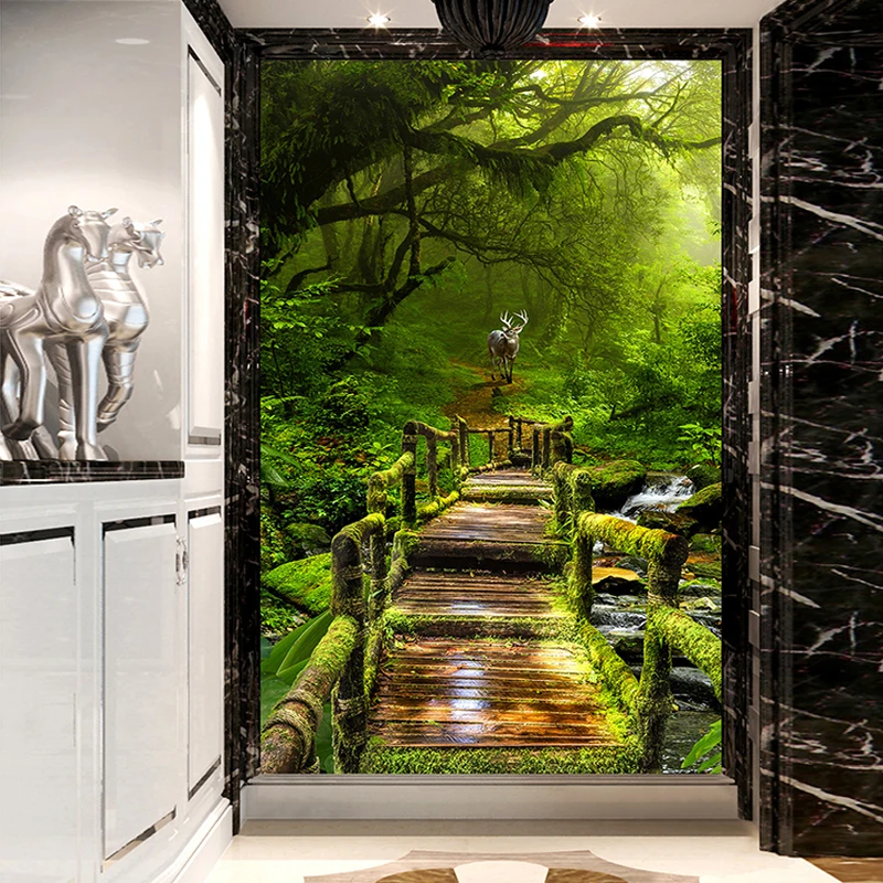 Фотообои на заказ объемные обои с изображением девичьего леса деревянной доски