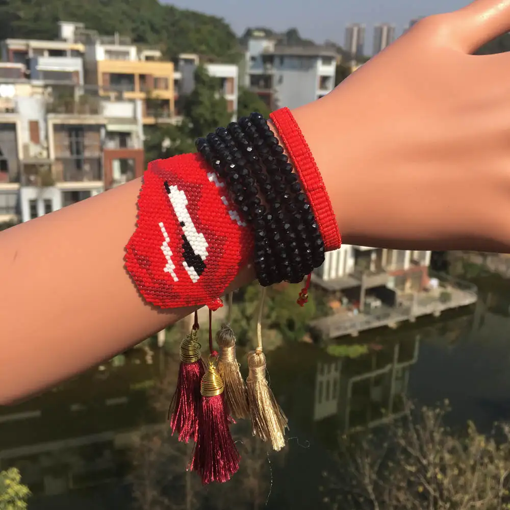 Go2boho MIYUKI браслет укус браслет в форме губ красный Bileklik ювелирные изделия браслеты черный кристалл женские новые кисточки ручной работы тканый подарок