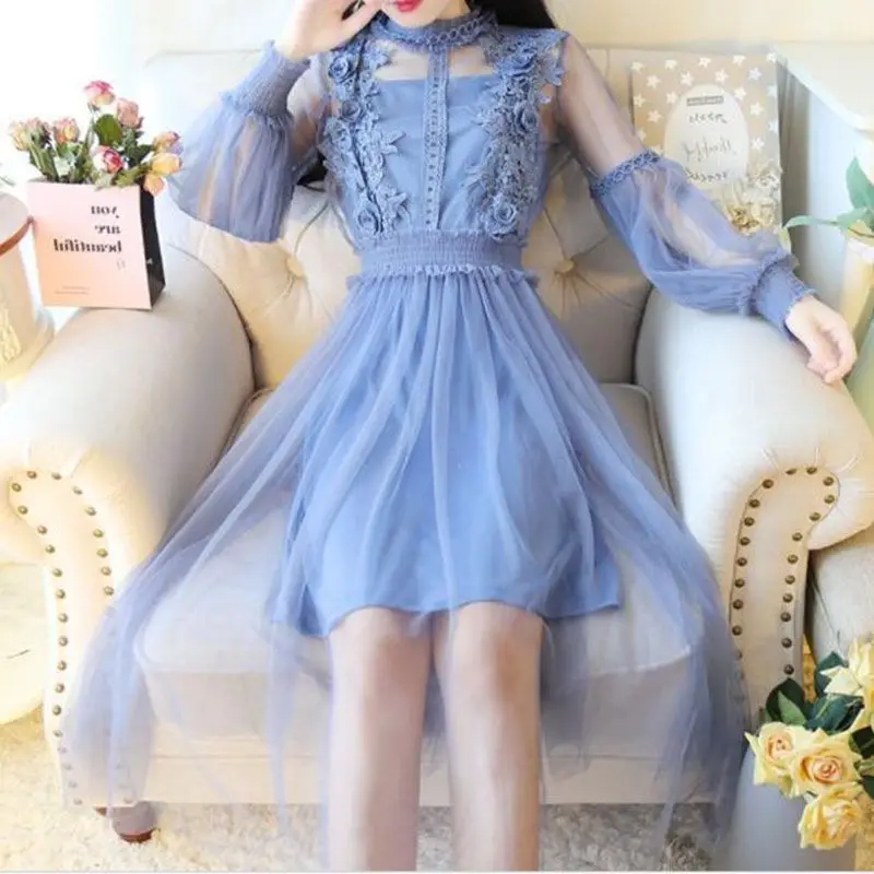 Женские вечерние платья с длинными рукавами и воротником-стойкой милое Сетчатое