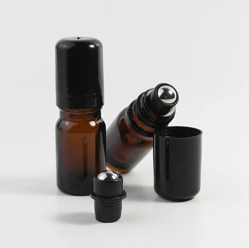 

5 10 ML Brown Glass Perfume Roll On Bottle Empty Essential Oil Roll-On Bottle With Black Plastic Cap LX2895