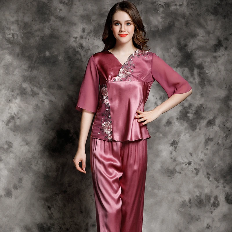 Real Silk Women fashion Pajama Pants Sets half sleeves red v-neck with lace embrodecoration Lounge Set full sleeve pajama2pc set