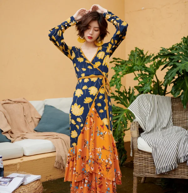 Floral with Straps V Neck Bohemian Beach Dress Sexy Long Sleeve Maxi Women Dresses Ruffles Asymmetrical Vestidos Verano 2019 | Женская