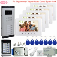 7inchs Video Surveillance With intercom  Keypad Access Control Intercom For 5 Apartments Video Intercom 5 Monitors+Electric Lock