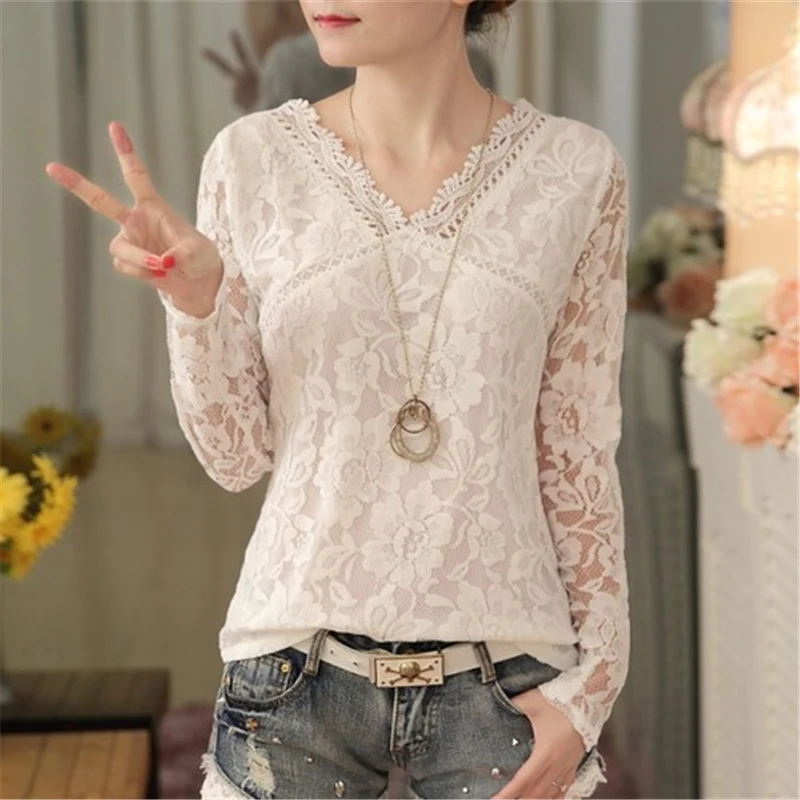Lace Shirt Tops Womens Blouses White New Fashion V-neck Woman Shirt Sexy  Hollow Out Long Sleeve Chic Slim Fit Ladies Tops