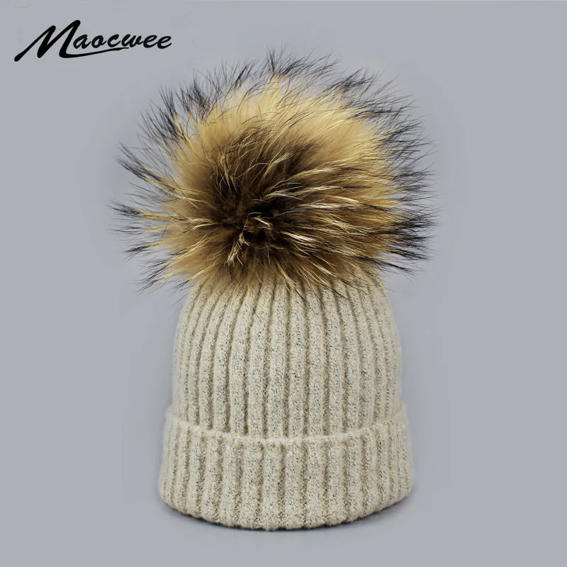 

Children Knitted Real Fur Hat 100% Real Raccoon Fur Pom Pom Hats Winter Boy girl Cap beanie for Child 2-6 years old