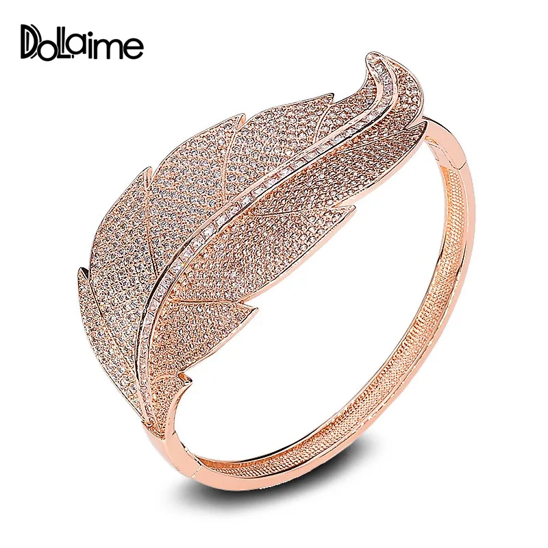 

Dolaime Rose Gold color Leaf Bracelets & Bangles With Stones Luxury Crystal Bracelets For Women Wedding Jewelry