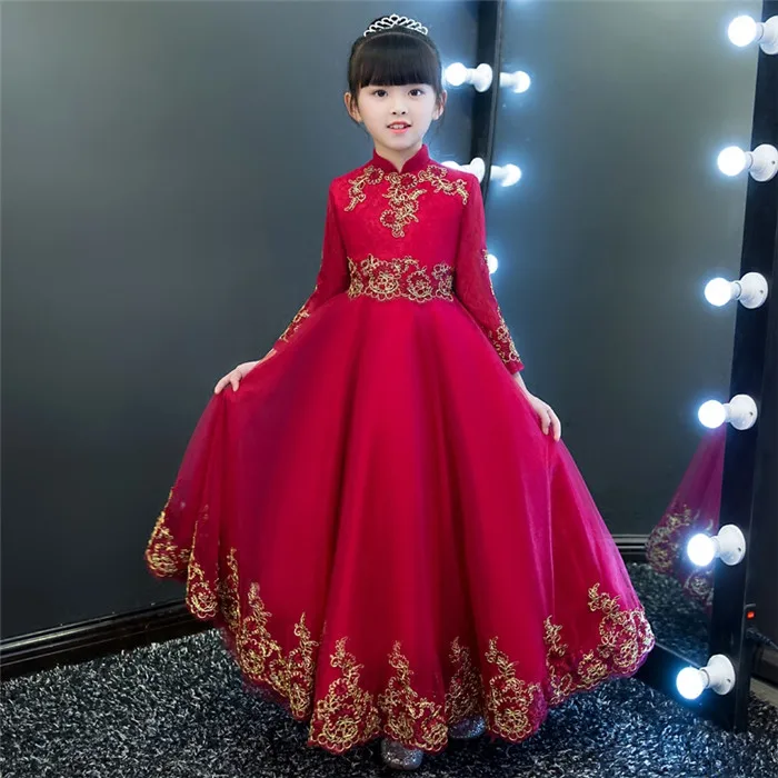 dress without tail Китайский традиционный Стиль детей Обувь для девочек Вышивка Кружево одежда с длинным рукавом платье для дня рождения свадебные вечерние год платье - Цвет: dress without tail