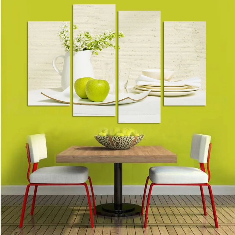 

Modular Canvas Kitchen Home Decor Paintings 4 Panel Apple Vase Tableware Posters Restaurant Wall Art HD Printed Pictures Framed