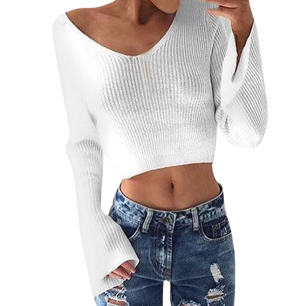 Womail Women Casual Long Sleeve Knit Loose Pullover V-neck knitwear crop top sweater jersey mujer invierno 708#3 | Женская одежда