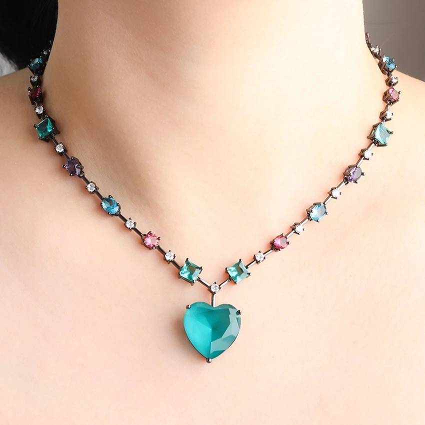 

Luxury Boho Colorful Heart Pendant Necklace Chain Big AAA Cubic Zirconia Necklace Choker for Women New 2019 Jewelry