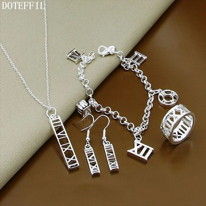 

DOTEFFIL 925 Sterling Silver Roman Numerals Earring Bracelet Necklace Ring Set Woman Wedding Engagement Party Fashion Jewelry