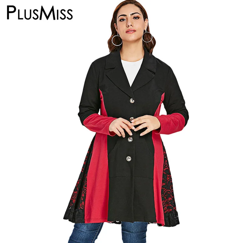 PlusMiss размера плюс 5XL кружевной длинный рукав пуговицы куртка XXXXL XXXL XXL Осенне