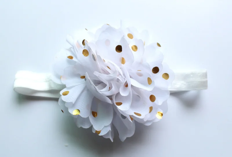 new arrival 4 inch Chiffon Flower Golden Dot With satin Headband Headwear 20 color girl hair accessory 24pcs/lot | Детская одежда и