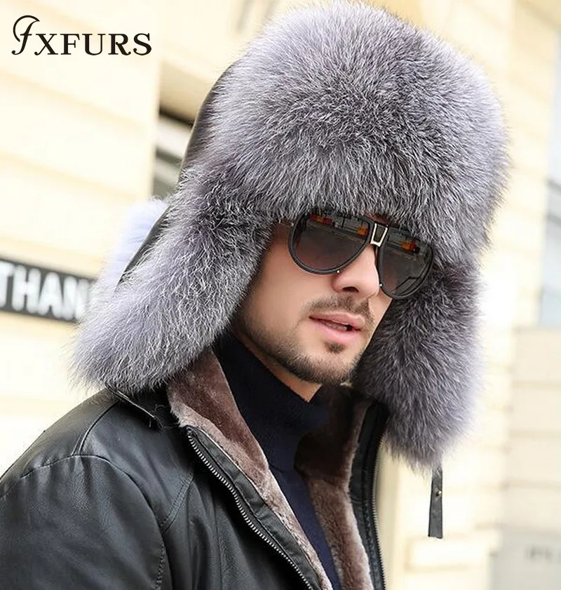 Winter Men Raccoon Fur Hats Silver Fox Fair Caps Leifeng black fox hatska Russian leather bomber Hats trapper earflap Caps Male