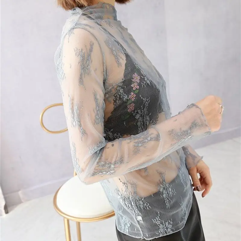 Женская прозрачная сетчатая блузка с длинным рукавом базовый Свободный пуловер