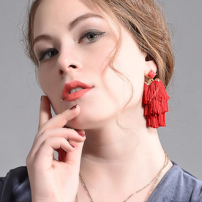 Красная Нить бахрома серьги-люстры женские искусственный камень ручной работы