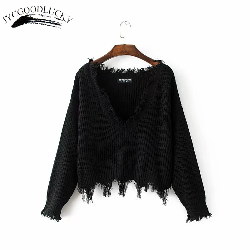 New Fashion 2019 Pullover Ripped Hole Sweaters Loose Jumper Casual White Sweater Women Knitting Pull Long Sleev | Женская одежда