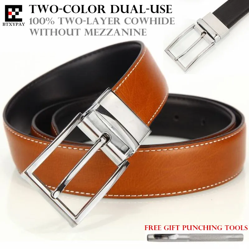 120p 33mm Top Men Genuine Leather Waistband,Two-layer Cowhide Pin Hole Belt 2-color Dual-use Pin Buckle Belt+Punch Tool+Gift Box