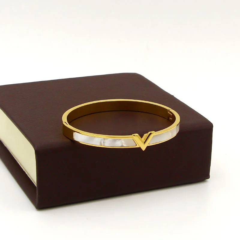 Модный V образный браслет из нержавеющей стали с золотым покрытием и белым