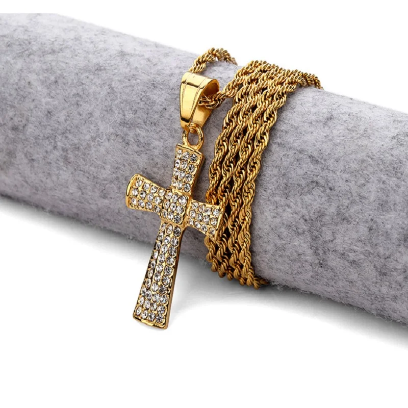 Мода Хип-хоп мужские крест ожерелье шипованных горный хрусталь Bling ювелирные