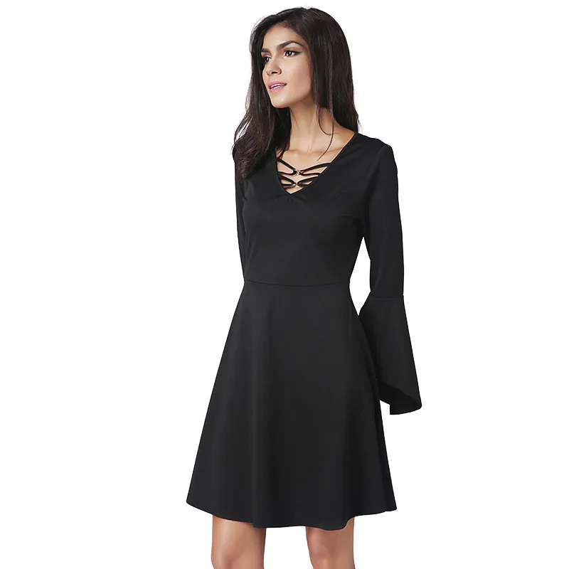 2017 Платья для женщин на лето и весну длинными расклешенными рукавами черные