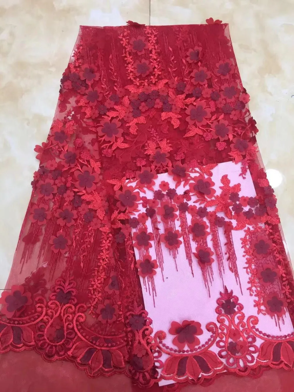 Red African French Lace Fabric 3D Flower High Quality Applique Embroidered Tulle For Wedding | Дом и сад