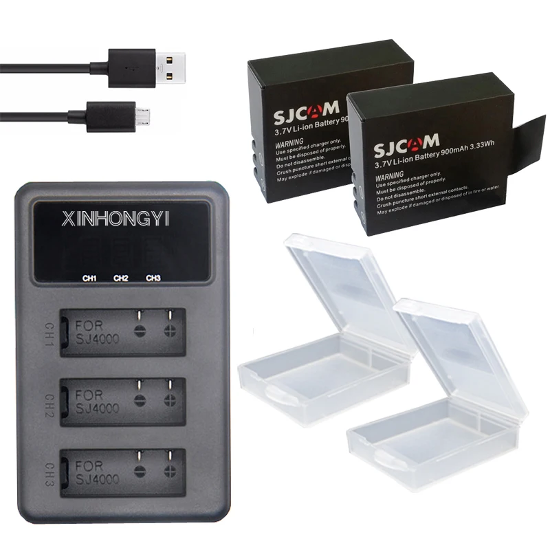 

3-Slots Battery Charger + 2Pcs 900mAh Battery for Sjcam M10 Sj4000 Wifi Sj5000 SJ6000 EKEN H9 H9R Action Camera Accessories