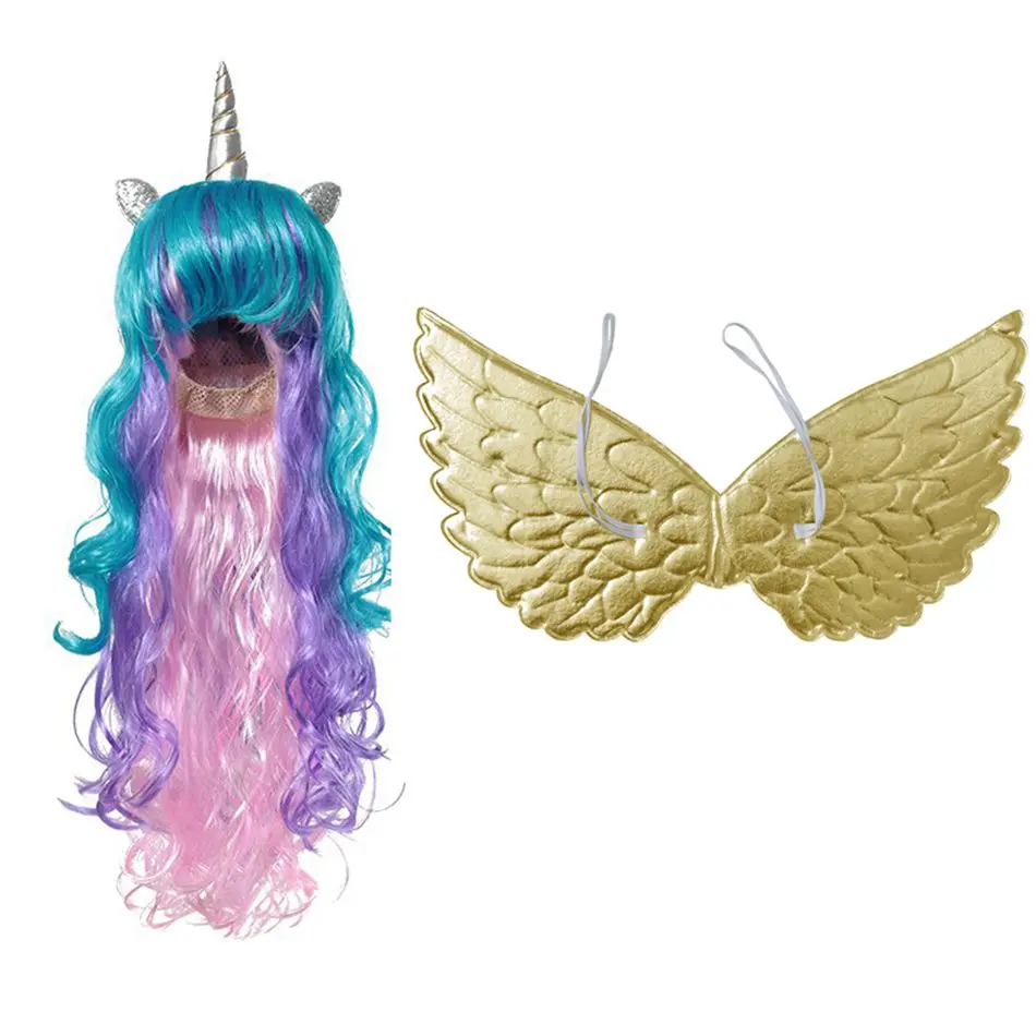 VOGUEON Girls Unicorn Party Accessories Children Princess Wig and Wing Cosplay Photography Props Kids Birthday Halloween Supply