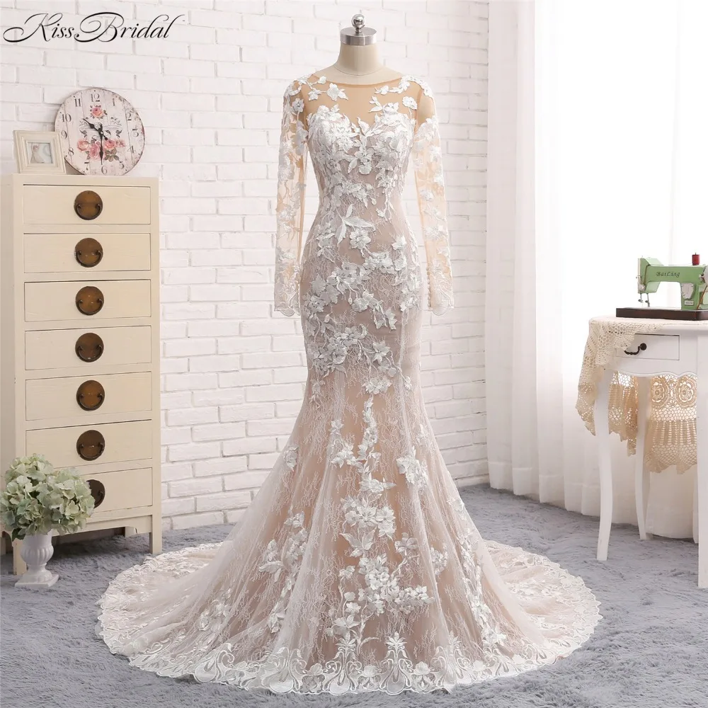 Новое длинное свадебное платье русалки 2018 с круглым вырезом и длинными рукавами