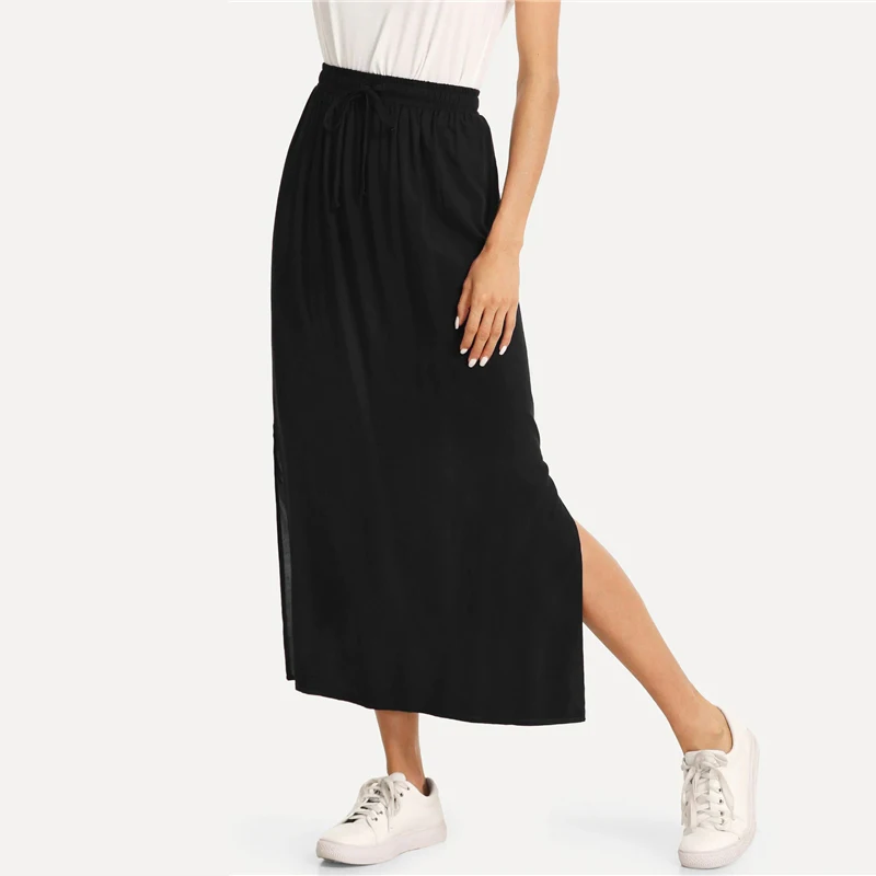 Dotfashion черная однотонная женская юбка с разрезом сбоку, уличная одежда, весна-осень, Повседневная модная юбка с высокой талией и разрезом