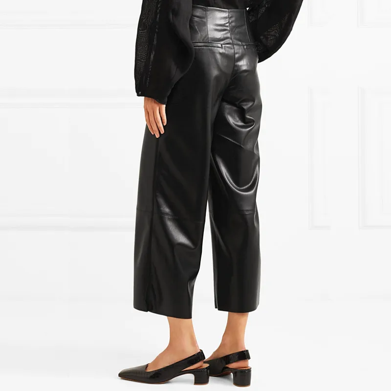 Fashion brand longer length velvet warm water wash PU leather pants female punk hip bag slim leather wide leg trousers wq531