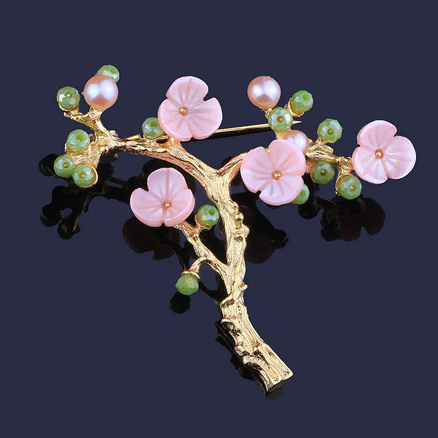 

FARLENA Original Design Natural Shell Freshwater Pearls Pink Plum Brooch Vintage Crystal Flower Brooches for Women