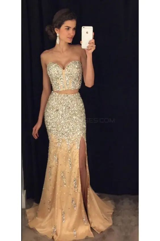 

New Arrival Two Pieces Prom Dresses 2019 Crystal Beaded Tulle Evening Gown Sexy High Slit Women Party Gown