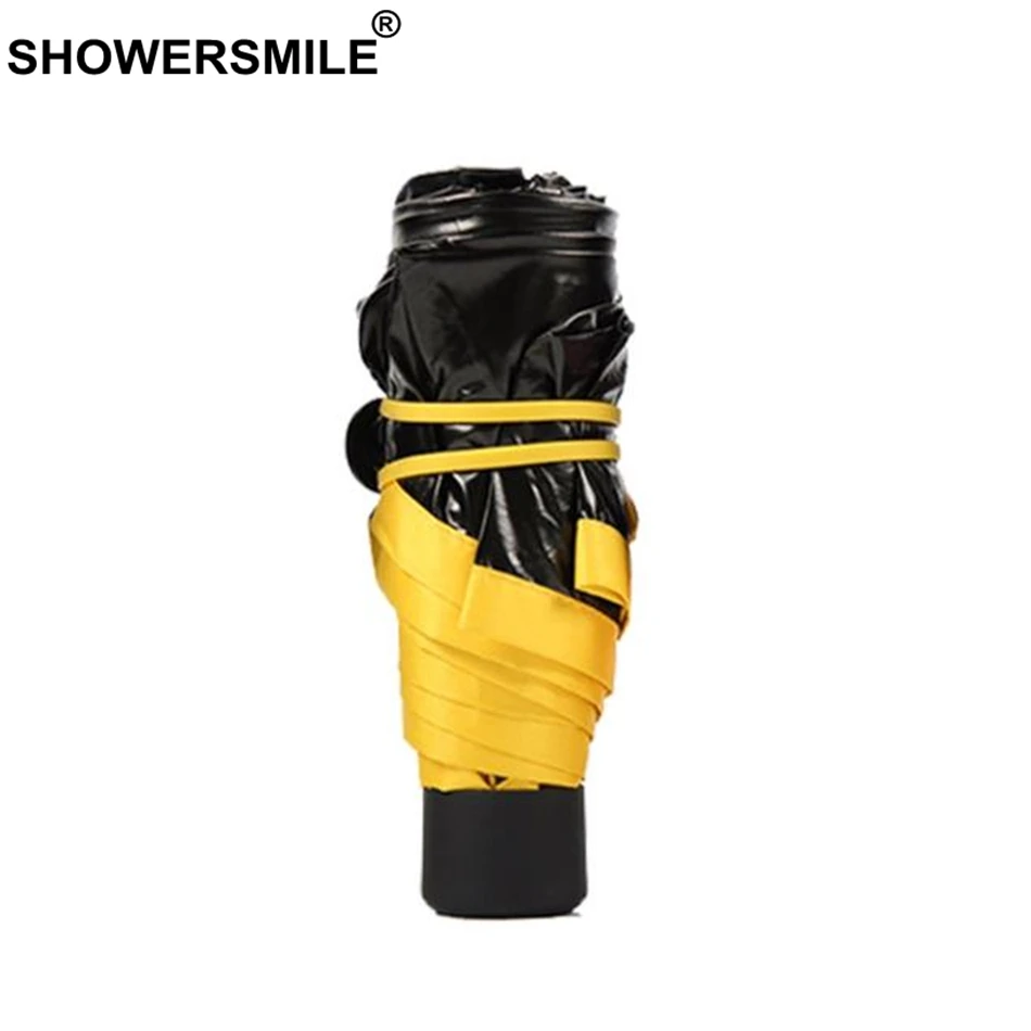 Желтый зонт SHOWERSMILE с карманом легкий складной мини-зонтик УФ-защитой черным