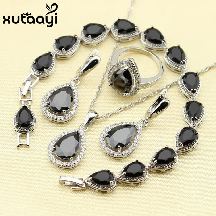 black 4pcs 925 серебряные капли воды свадебный набор украшений для женщин голубой кубический цирконий белые камни браслет серьги ожерелье кулон кольца - Окраска металла: black 4pcs