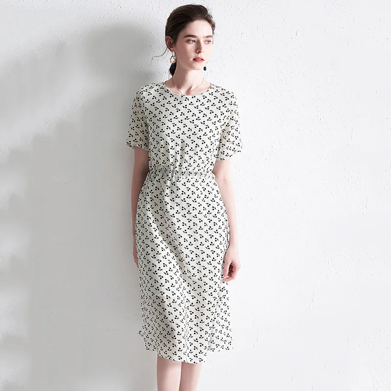 Cherry Print Silk Dress White Summer Elegant Chinese Style Midi Dresses Casual sukienka Short Sleeve Big Size vestidos mori girl | Женская
