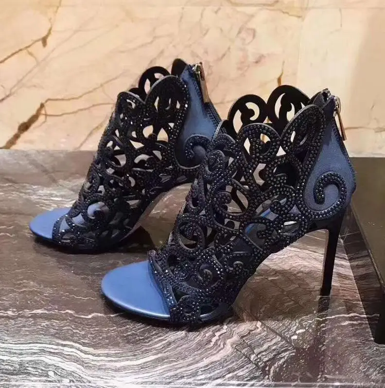 

2018 Newest Small Rhinestone Women Fashion Cut Out Sandals Sexy Open Toe Ladies Elegant High Heels Zipper Back Wedding Shoes