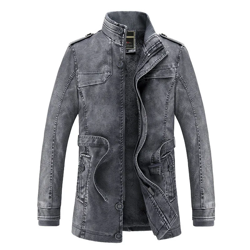 Denim Blue Мужская зимняя куртка из искусственной кожи, мотоциклетные теплые куртки, бархатная ветровка, мужское повседневное длинное пальто, Мужская парка, chaqueta hombr - Цвет: Denim Blue