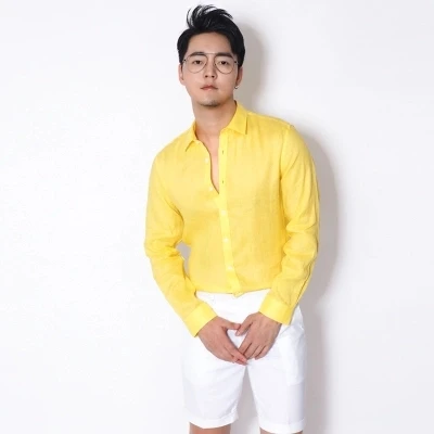 2017 New Men clothing Bigbang Hair Stylist British Fashion street yellow Linen shirt Plus size singer costumes | Мужская одежда