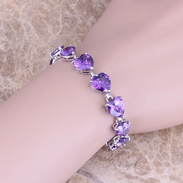 Heart Shaped Purple Cubic Zirconia Silver Plated Link Chain Bracelet 7 inch Jewelry Bag S0280 | Украшения и аксессуары