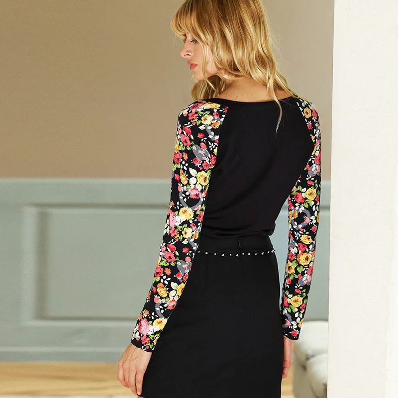 Для женщин основной черный рубашки женский корейский стиль Цветочный принт