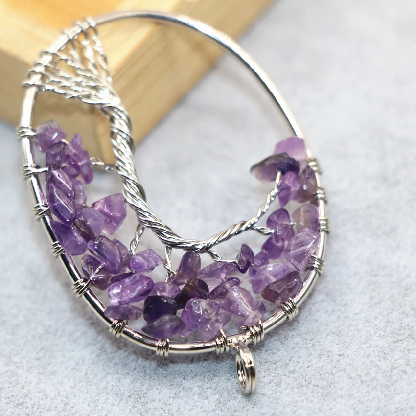 Silver-цвет ручной работы фиолетовый кристалл гравий Овальный изысканный кулон 37*54